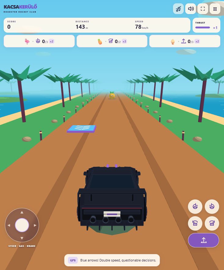 Duck Dodge gameplay on the tropical island track with a rocket car and turquoise sea